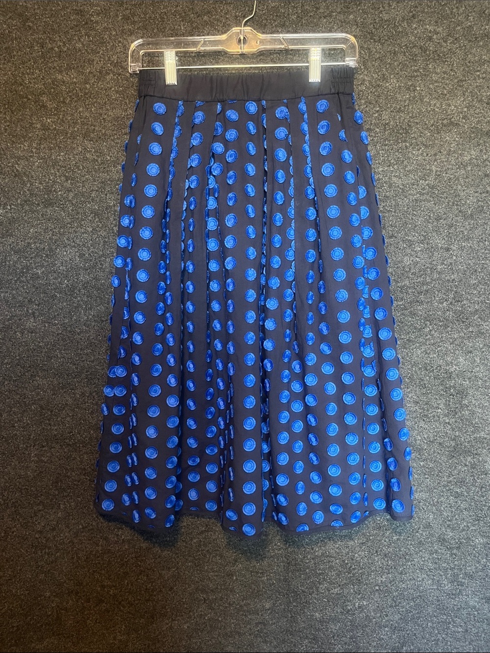 J. Crew Navy Midi Skirt with Bright Blue Dot Appliqué